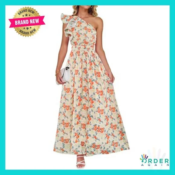 Boho Floral Maxi Dress Sleeveless One Shoulder Ruffle Elegant Beach Party - Picture 2 of 8